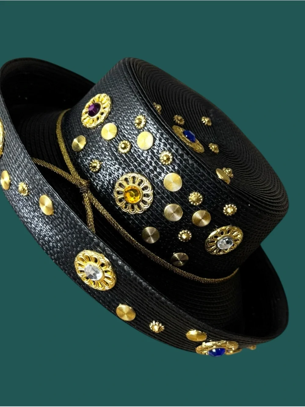 Vintage black Embellished Straw Wide-Brim Hat with Gold Accents
